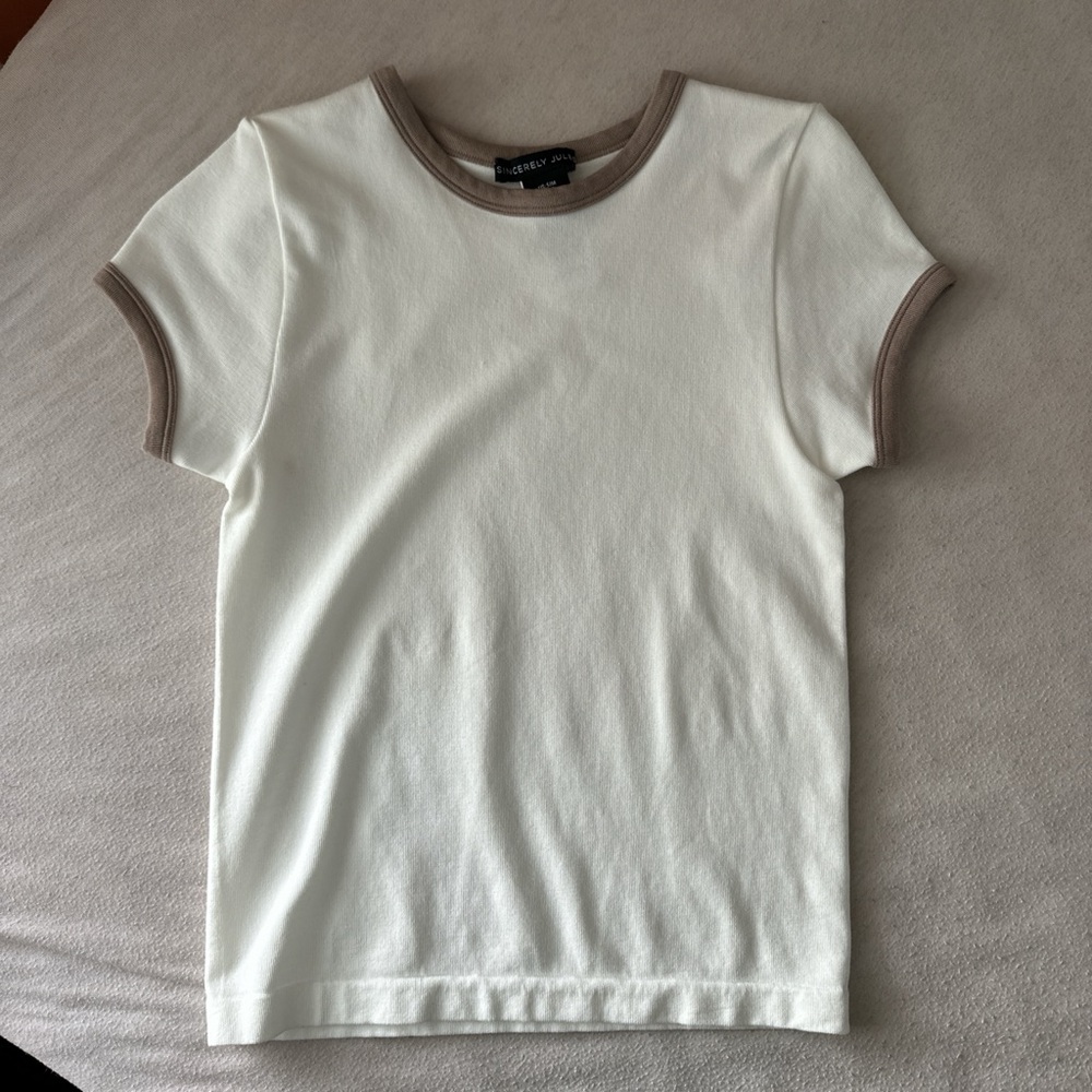 Classic White T-Shirt with Brown Trim